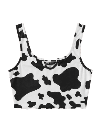 Notched Neck Lettuce Trim Cow Print Tank Top | SHEIN USA black