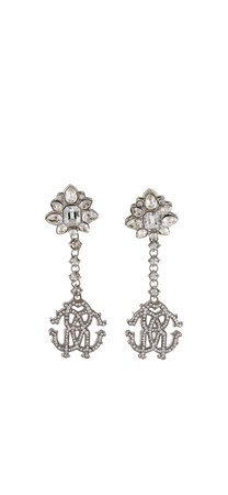 Roberto Cavalli Crystal RC crest clip on drop earrings