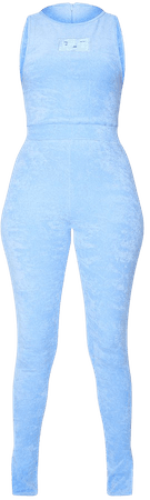 PRETTYLITTLETHING Blue Towelling Sleeveless Jumpsuit | PrettyLittleThing USA