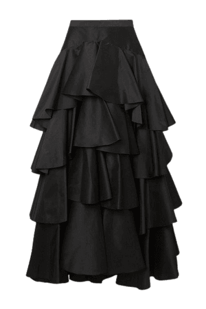 Tiered Ruffled Taffeta Maxi Skirt - Black