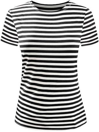 LilyCoco Women's Short Sleeve Striped Shirt Summer Crewneck T-Shirts Basic Tops Black, Narrow Stripe X-Small at Amazon Women’s Clothing store