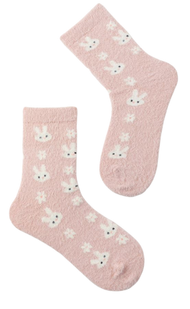 1 pair Rabbit & Floral Fuzzy Ankle Socks - Cider