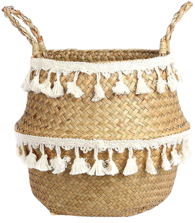 BlueMake Tassel Macrame Woven Seagrass Belly Basket for Storage, Decoration, Laundry, Picnic, Plant Basin Cover, Groceries and Toy Storage (Large, Tassel): Home & Kitchen