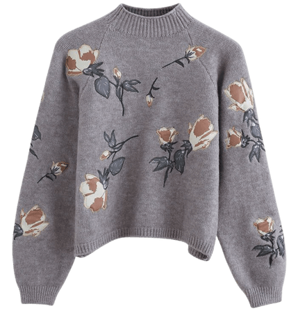 Digital Floral Print Embroidered Knit Sweater in Grey - Retro, Indie and Unique Fashion