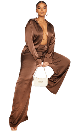 Plus Chocolate Chain Wide Leg Satin Trousers | PrettyLittleThing USA