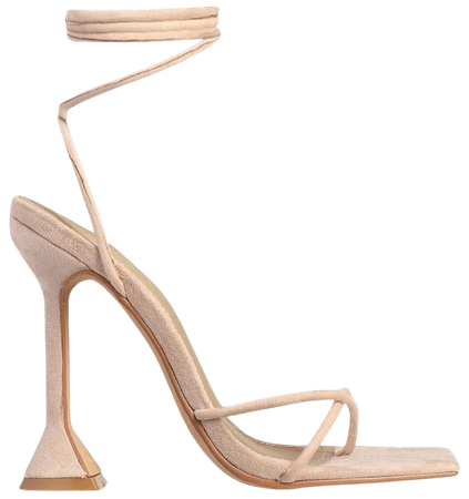 Emily Square Toe Lace Up Pyramid Heel In Nude Faux Suede | EGO