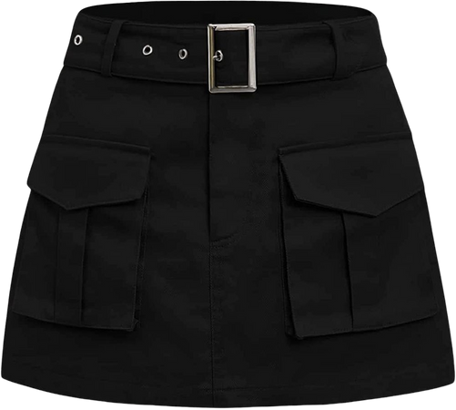 Verdusa Women's Pocket Front High Waist A Line Short Cargo Skirt with Belt Black M at Amazon Women’s Clothing store