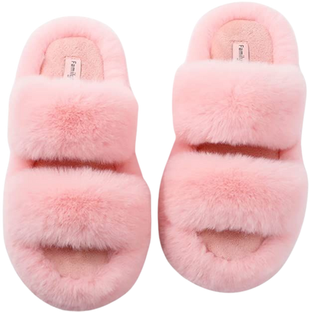 Amazon.com | FamilyFairy Women's Fluffy Faux Fur Slippers Comfy Open Toe Two Band Slides with Fleece Lining and Rubber Sole (Middle / 7-8, Pink) | Slippers