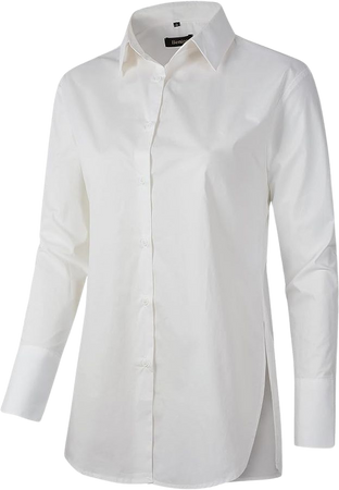 Beninos Womens Button Down Shirt Casual Long Sleeve Loose Fit Collared Work Blouse Tops (MD401 White, M) at Amazon Women’s Clothing store