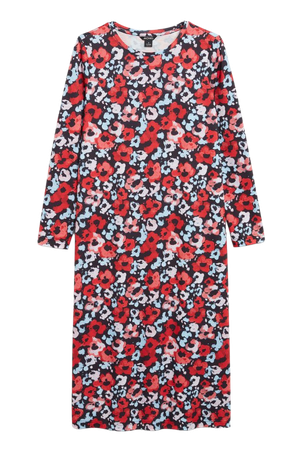 Abstract floral long sleeve midi dress - Red and blue flowers - Monki WW