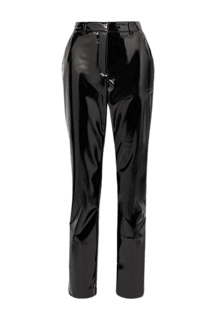 Faux Patent-leather Slim-leg Pants - Black