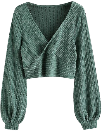 ZAFUL Women's Pullover Ribbed Cropped Knitwear Drawstring Ruched Knitted Crop Top Solid V-Neck Long Sleeve T-Shirt Green at Amazon Women’s Clothing store