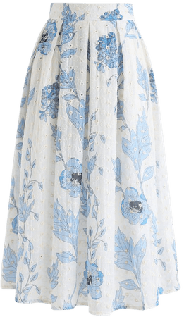 Blue Floral Printed Eyelet Embroidered Midi Skirt - Retro, Indie and Unique Fashion