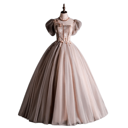 Victorian Style Brown See-through Prom Dresses 2020 Ball Gown High Neck Puffy Short Sleeve Appliques Lace Beading Floor-Length / Long Ruffle Backless Formal Dresses