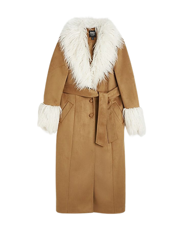 Brown faux fur suedette longline coat | River Island