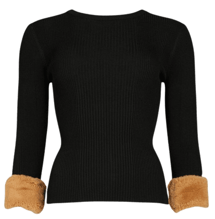 Faux Fur Cuff Knitted Rib Jumper | Karen Millen