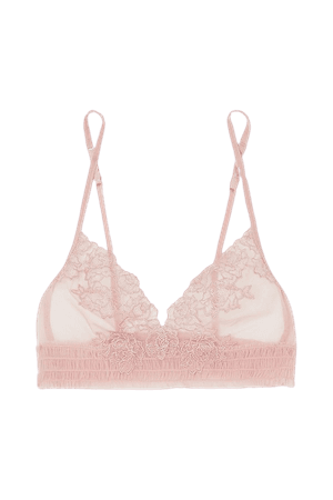 Blush Bella shirred embroidered stretch-tulle triangle bra | La Perla | NET-A-PORTER