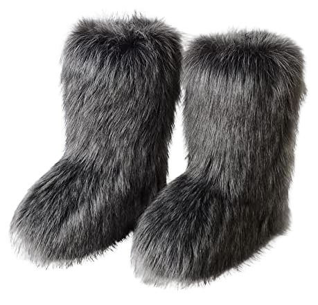 Amazon.com | ZOSCGJMY Faux Fur Boots for Women Fuzzy Fluffy Furry Round Toe Suede Winter Snow Boots Flat Shoes Grey 6 | Snow Boots