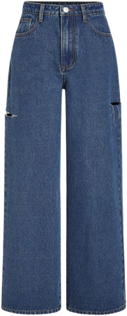Denim Mid Rise Ripped Button Wide Leg Jeans - Cider