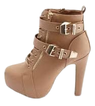 beige boots with gold buckle