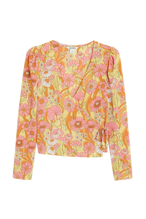 Long sleeved floral tie-waist blouse - Yellow retro floral - Monki WW