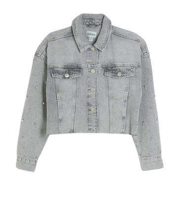 Grey embellished crop denim jacket | River Island