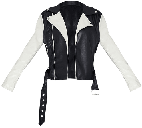 *clipped by @luci-her* Monochrome Pu Contrast Belted Biker Jacket | PrettyLittleThing USA