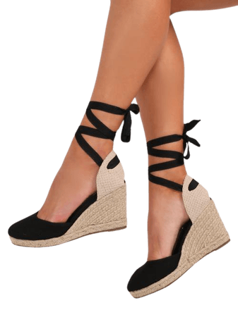 Boho Almond Toe Strappy Black High Heel Espadrille Lace Up Ankle Closed Toe Jute Trim Wedges