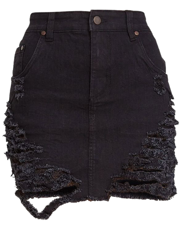 distressed black denim mini skirt