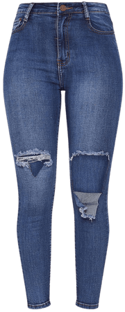 Mid Wash Folded Knee Rip 5 Pocket Skinny Jean | PrettyLittleThing USA