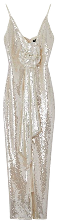 Sequin Rosette Plunge Woven Maxi Dress | Karen Millen