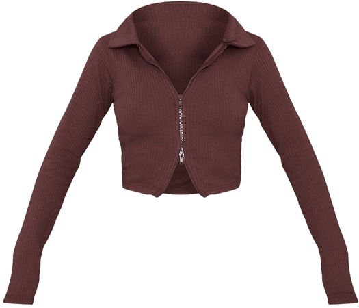 Brown Jumbo Rib Collar Double Zip Top | Tops | PrettyLittleThing USA