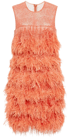 Naeem Khan - Peach Layered Fringe And Feather Dress