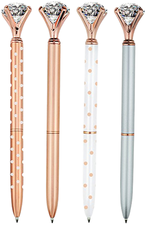 4 Pcs Rose Gold Pen with Big Diamond/Crystal,Metal Ballpoint Pen,Rose Gold White and Silver,School and Office Supplies,Black Ink