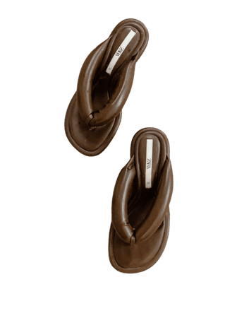 Zara khaki leather puff thong sandals