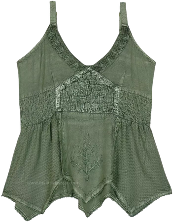 Green Forest Fairy Halter Top | Tunic-Shirt | Green | Embroidered, Bohemian