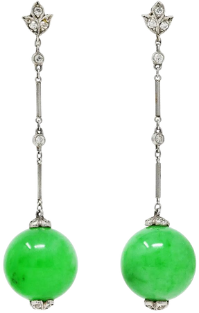 Art Deco Jade Ball Diamond Platinum 14 Karat Gold Antique Drop Earrings For Sale at 1stDibs