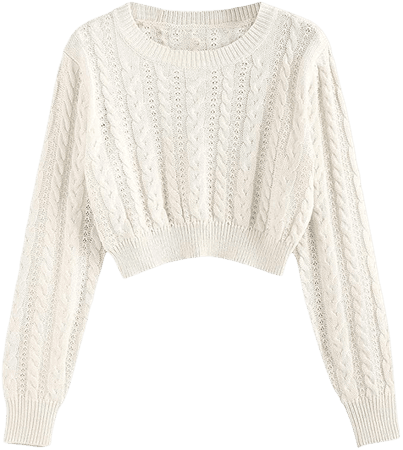ZAFUL Women's Crewneck Long Sleeve Crop Sweater Knitted Pullover Jumper (Cable-White, S) at Amazon Women’s Clothing store