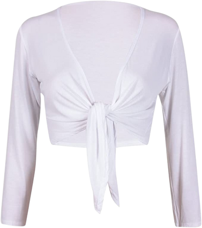 Tie Knot Up Shrug Front Cropped Bolero Shrugs Cardigan Wrap Women's Ladies Long Full Sleeve Open Top White-S/M at Amazon Women’s Clothing store
