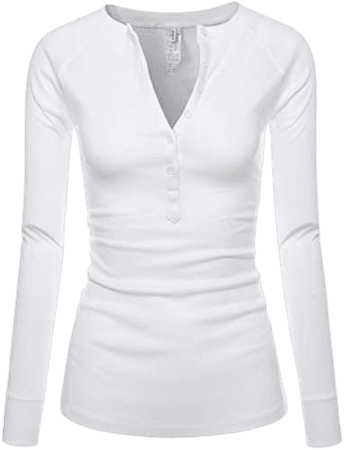 NEARKIN Womens Fitted Tee Henley Neck Long Sleeve Cotton Tshirts White US L(Tag Size XL) at Amazon Women’s Clothing store
