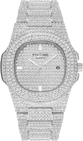 Amazon.com: PINTIME Luxury Mens/Womens Unisex Diamond Watch Bling Iced-Out Watch Oblong Wristwatch Crystal Quartz Watch : Clothing, Shoes & Jewelry