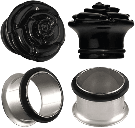 BodyJ4You 4PCS Gauge Plugs Black Rose Stainless Steel Tunnel Single Flare Ear Expander 6G-20mm PL6332-00G [1541590171-112697] - $5.60