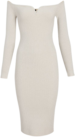 Metallic Ribbed Off The Shoulder Long Sleeve V-wire Midi Sweater Dress | Express