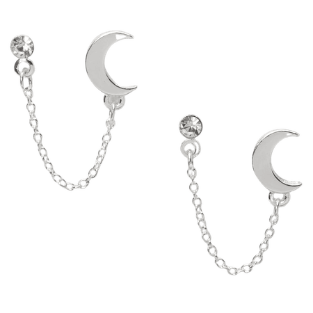 Silver Embellished Moon Connector Chain Stud Earrings | Claire's US