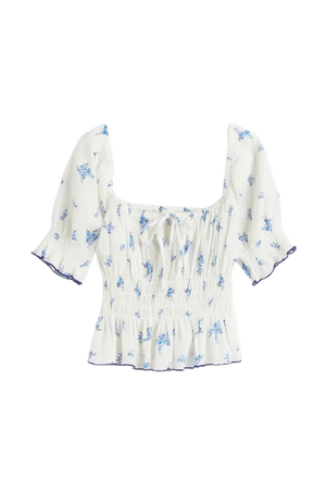Puff-sleeved Peplum Blouse - White/floral - Ladies | H&M CA
