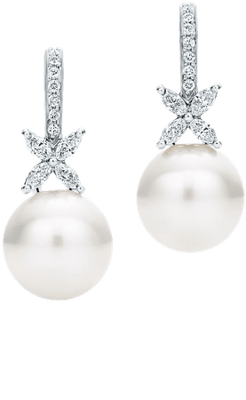 Tiffany Victoria™ earrings in platinum with South Sea pearls and diamonds. | Tiffany & Co.