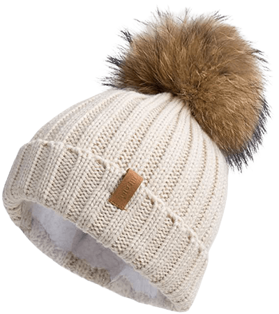 Pilipala Women Winter Knitted Beanie Hat with Fur Pom Bobble Hat Skull Beanie(Beige,R) at Amazon Women’s Clothing store