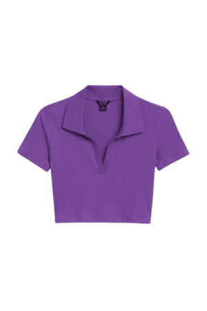 Purple cropped ribbed polo top - Purple - Monki WW