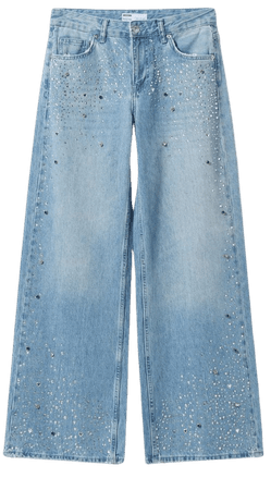 Low-rise wide-leg jeans with rhinestones - Denim - Woman | Bershka