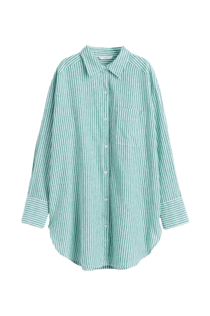 Oversized Linen-blend Shirt - Green/white striped - Ladies | H&M US